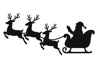 Silhouette of Santa Claus riding sleigh pulled by flying reindeer representing festive Christmas holiday night scene isolated on white background