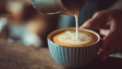 Creating Latte Art Coffee With Vintage Style Milk Pouring At Cafe Or Coffee Shop. An Artistic Touch To Your Favorite Latte.