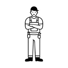 Confident handyman standing with arms crossed and tools in belt, representing repair services, DIY skills, and craftsmanship.