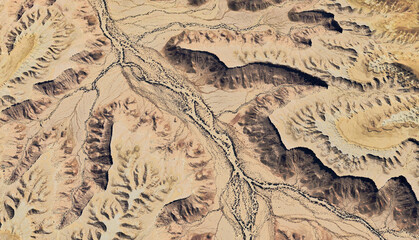 Aerial view of a dried-up riverbed in the desert of Saudi Arabia August 2025