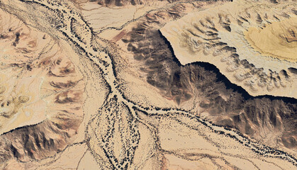 Aerial view of a dried-up riverbed in the desert of Saudi Arabia August 2025