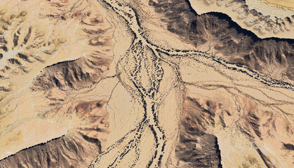 Aerial view of a dried-up riverbed in the desert of Saudi Arabia August 2025