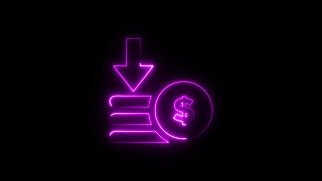 Dollar sign with arrow down neon line animation isolated on black background
