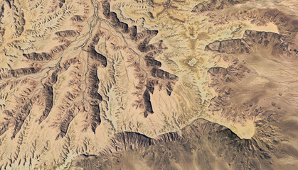 Aerial view of a dried-up riverbed in the desert of Saudi Arabia August 2025