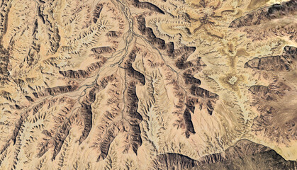 Aerial view of a dried-up riverbed in the desert of Saudi Arabia August 2025