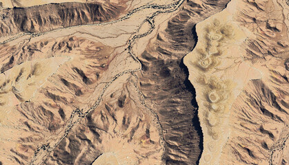 Aerial view of a dried-up riverbed in the desert of Saudi Arabia August 2025