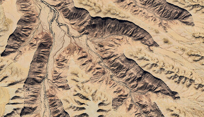 Aerial view of a dried-up riverbed in the desert of Saudi Arabia August 2025