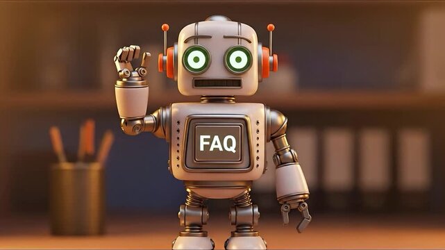 Friendly retro robot with glowing green eyes and F A Q screen on chest standing in office