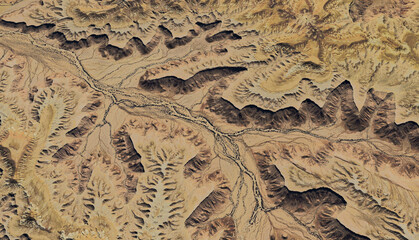 Aerial view of a dried-up riverbed in the desert of Saudi Arabia August 2025