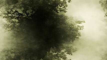 Dark forest canopy partially obscured by thick, yellowish fog or mist