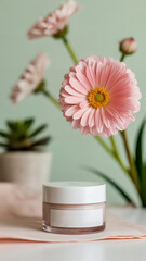 Cosmetic cream jar with blank label surrounded by pink gerbera daisies a fresh and natural beauty product concept