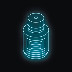 Glowing blue neon isometric medicine bottle on dark background, healthcare and medical concept