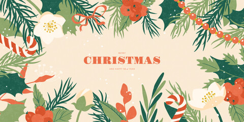 Naklejka premium Christmas banner with winter plants, flowers and a candy cane with a grainy texture. Festive composition for a seasonal greeting card or background for advertising, vector illustration.