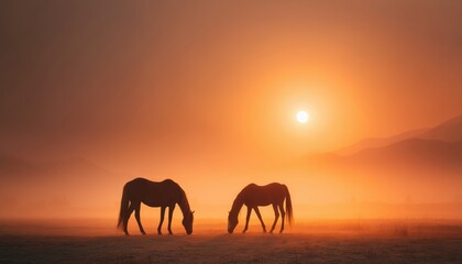 Fototapeta premium Stunning Scene Of Arabian Horses Grazing At Sundown In Orange Sunlight With Dramatic Fog In The Carpathian Mountains Of Ukraine. Beauty Of The World.