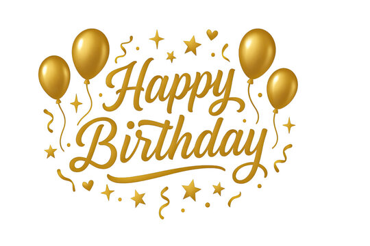 gold happy birthday text with balloons confetti stars and hearts festive celebration typography design illustration of party joy isolated on white background