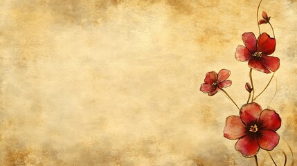 Stylized red blossoms ascend a stem against a textured aged background offering significant copy space