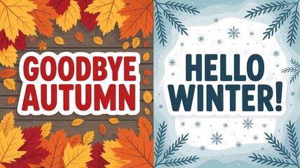 Transition from autumn to winter with colorful leaves and snowflakes welcoming the new season