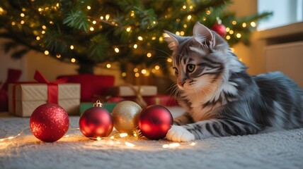 Obraz premium Adorable kitten exploring Christmas decorations, with festive tree, glowing lights, red and gold ornaments, cozy holiday aesthetics, perfect for winter, happy new year celebration, pet joy.