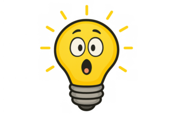 Light bulb cartoon character having idea with shocked expression, representing innovation, creativity, and inspiration on transparent background
