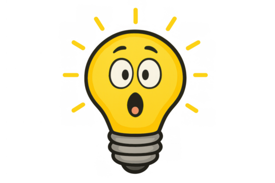 Light bulb cartoon character having idea with shocked expression, representing innovation, creativity, and inspiration on transparent background