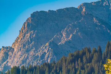 Alpine summer view with mountain peak details seen from Schoppernau, Bregenz, Vorarlberg, Austria