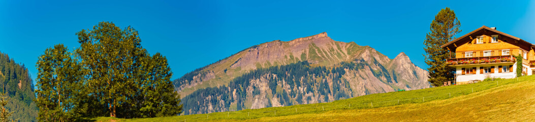 High resolution stitched panorama of an alpine summer landscape view near Schoppernau, Bregenz, Vorarlberg, Austria