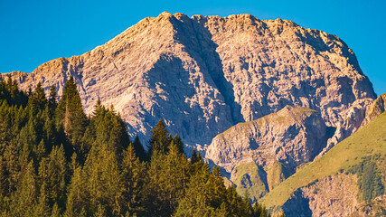 Alpine summer view with mountain peak details seen from Schoppernau, Bregenz, Vorarlberg, Austria