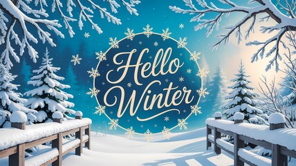 Enchanting winter scene with snow covered trees and a hello winter greeting