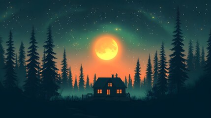 Silhouette of a rustic dwelling nestled within a dense evergreen forest under a glowing celestial body