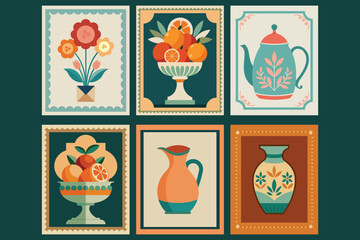 Collection of Six Retro Folk Art Posters - Flowers, Fruit, and Teapot Still Life Vector