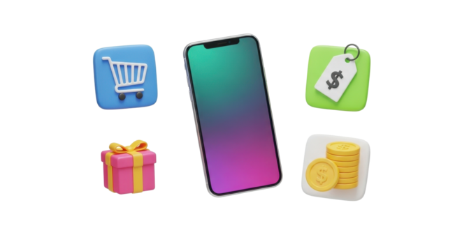 3D Render of Mobile Phone with Shopping Icons.
