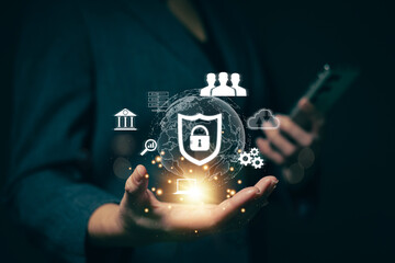 Businesswoman locking sensitive financial data for cyber security protection. cyber security concept User Privacy Security and Encryption Future technology and cybernetics lock screen key.