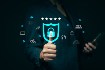 Businesswoman locking sensitive financial data for cyber security protection. cyber security concept User Privacy Security and Encryption Future technology and cybernetics lock screen key.