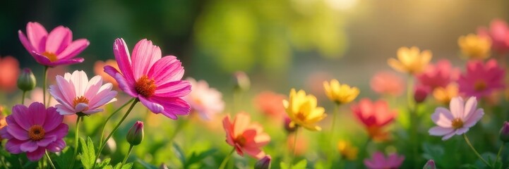 Fototapeta premium Vibrant spring flowers blooming in a garden, creating a cheerful and colorful background , botanical, greenery