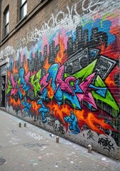 Fototapeta premium Vibrant graffiti art on brick wall expressing urban culture and city nightlife scene