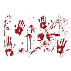 Vector blood stain and bloody handprints isolated on white background. Red paint splashes. Crime scene. Vampire bite. Halloween decoration element. Horror backdrop. Vector illustration.