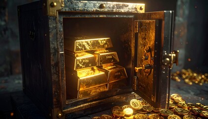Secure metal safe filled with shining gold bars and scattered coins, symbolizing wealth, savings, financial security, and investment success.
