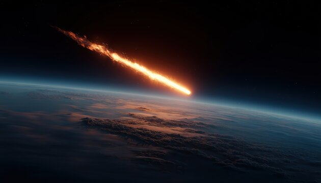 Giant Meteor Flaming And Radiating As It Enters Earth'S Atmosphere. A Spectacular Display Of Fire And Light In The Sky.
