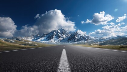 Straight Asphalt Highway Road And Snow-Capped Mountains Under A Blue Sky: A Scenic Outdoor Landscape With A Moving Car.