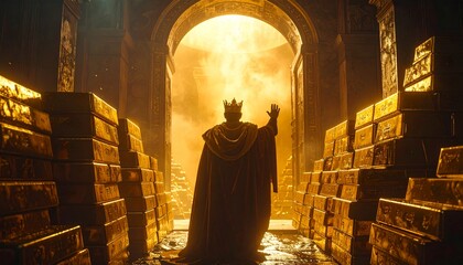 Silhouette of a king wearing a crown and royal robe standing in a golden hall filled with stacks of gold bars, symbolizing power, wealth, and prosperity.