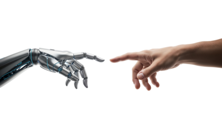 Human Hand Touching Robot Hand Connection on Transparent Background, Artificial Intelligence Technology, Automation and Future Innovation Concept, png