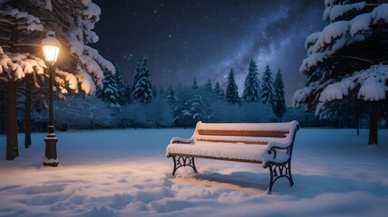 Enchanting winter night scene with a snow-covered park bench, glowing street lamp, and a majestic starry sky. Frosty trees create a peaceful, cozy ambiance, perfect for Christmas holiday aesthetics