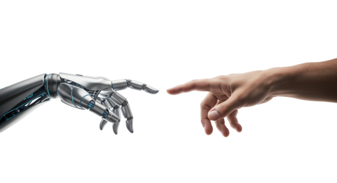 Human Hand Touching Robot Hand Connection on Transparent Background, Artificial Intelligence Technology, Automation and Future Innovation Concept, png