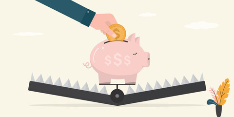 Businessman hand insert money in piggy bank into animal trap. Bait for investors, fake profit. Unattainable positive result in banking or trading.