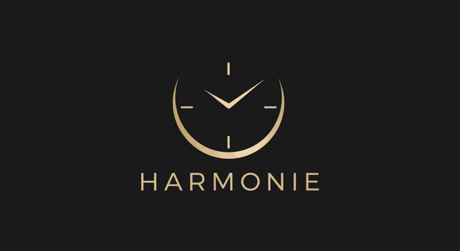 Elegant golden watch logo design for the brand Harmonie representing time.