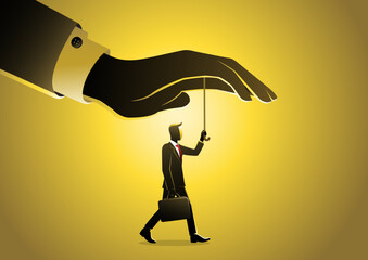 Protection and Support Concept – Businessman Under a Giant Hand Umbrella