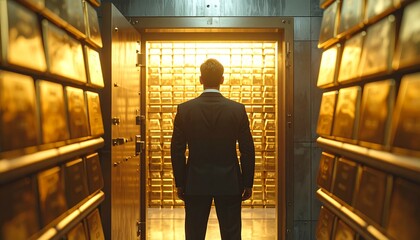 Businessman standing in vault filled with gold bars