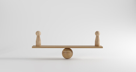 Balance and equality concept – two wooden pawns on seesaw board symbolizing fairness and stability