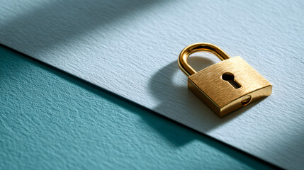 Naklejka premium Golden padlock resting on the edge of textured paper surfaces symbolizing security and protection with contrasting soft blue and white backgrounds in natural light