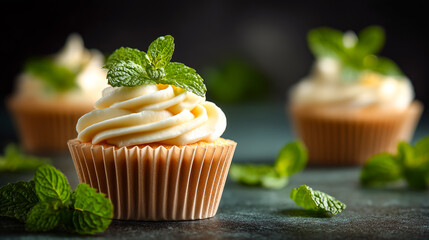 Delicious frosted cupcakes with fresh mint garnish on a dark moody surface